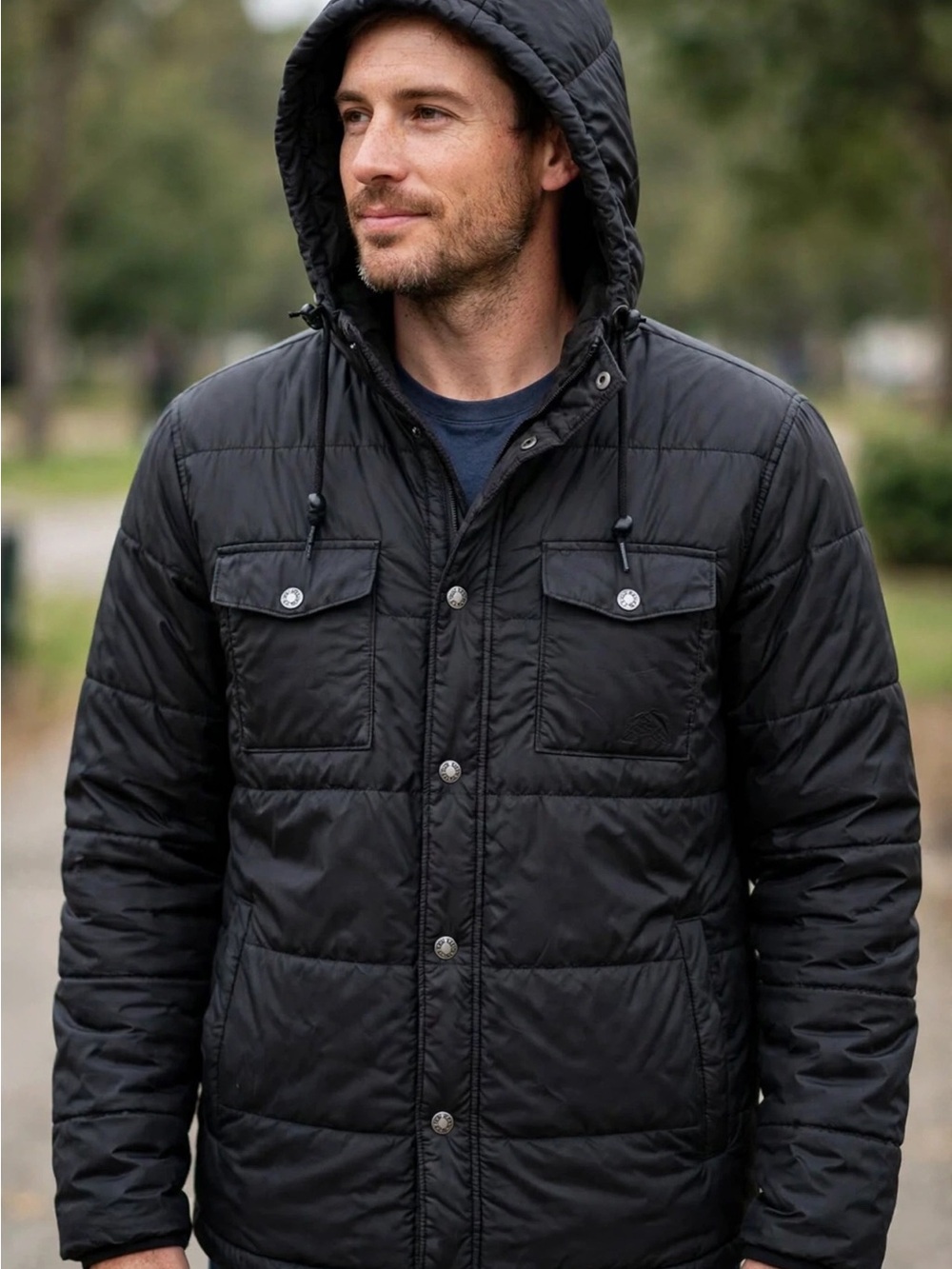 The North Face Men's Meeks Black Hooded Quilted Puffer Jacket L snap closure